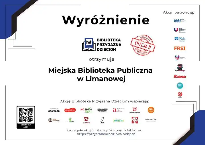 Miejska Biblioteka Publiczna w Limanowej wyróżniona w ogólnopolskiej akcji Biblioteka Przyjazna Dzieciom