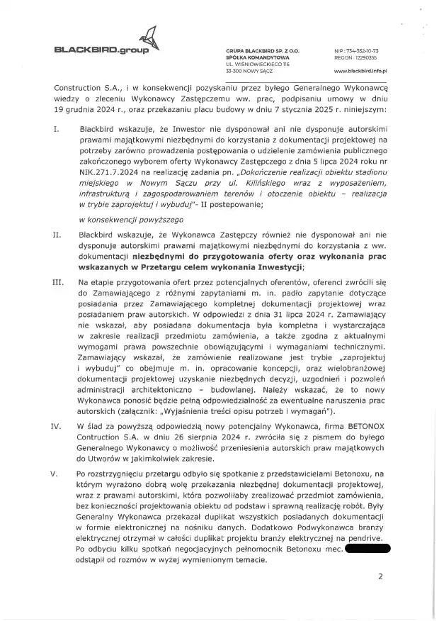 Fiasko mediacji ws. budowy Stadionu Miejskiego w Nowym Sączu: oświadczenie Grupy Blackbird
