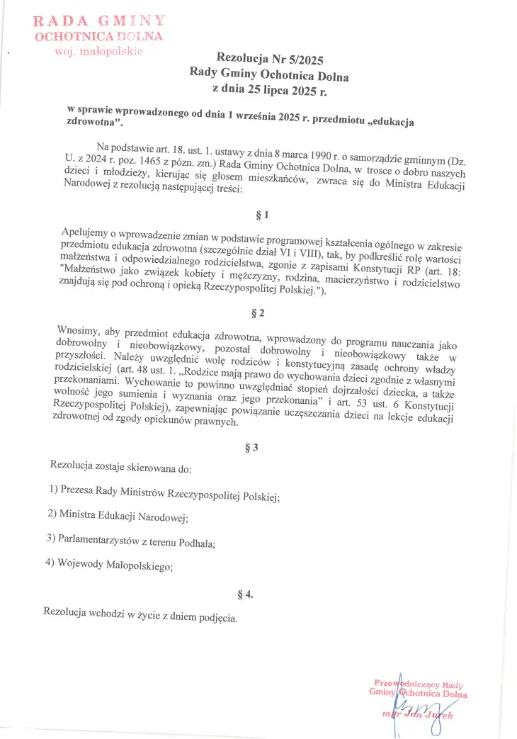 Rezolucja w sprawie edukacji zdrowotnej w Ochotnicy Dolnej. Samorząd apeluje o zmiany