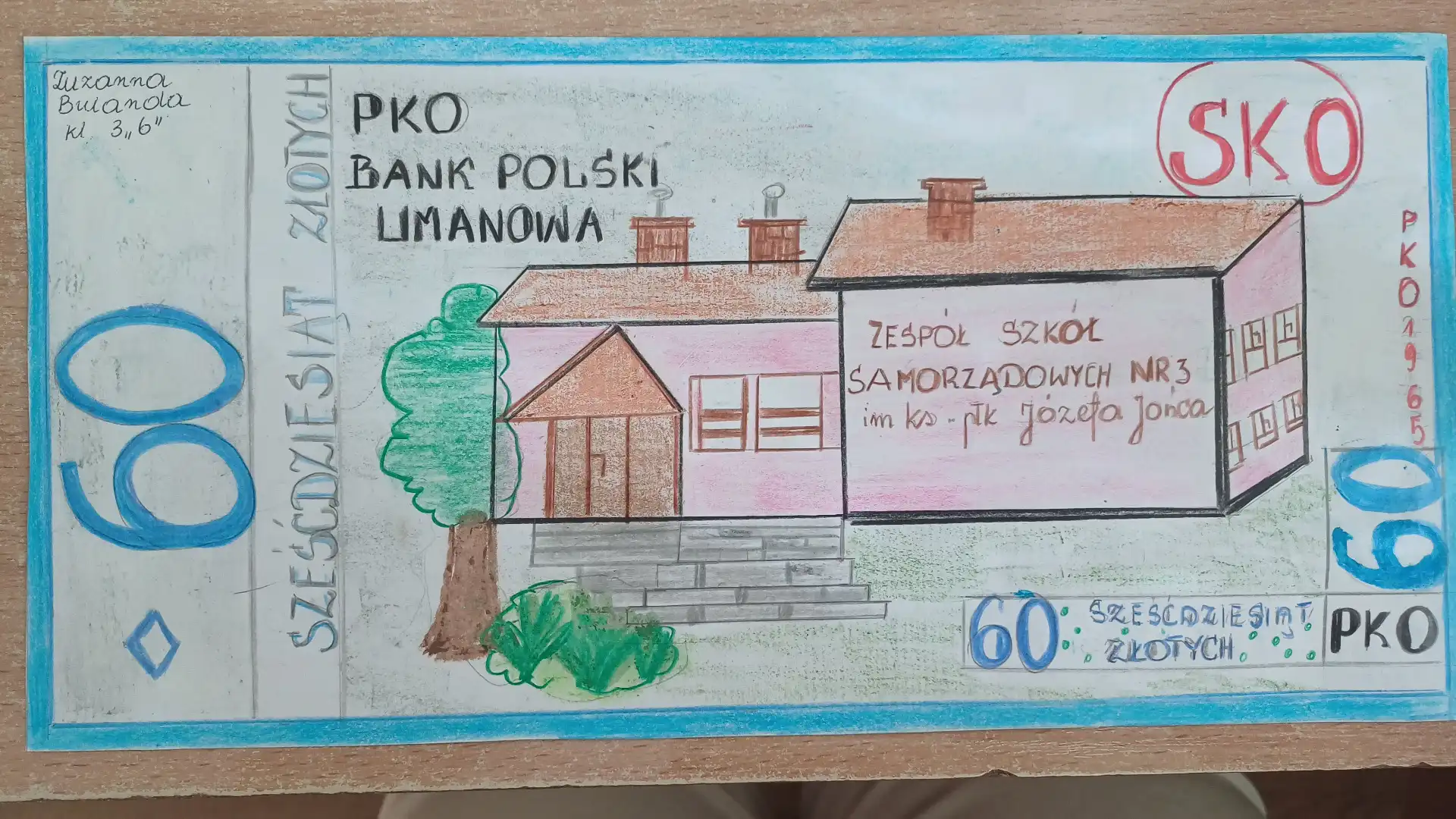 Konkurs plastyczny „Okolicznościowy banknot 60-cio złotowy” w SP nr 3 w Limanowej. Kreatywność młodych artystów na najwyższym poziomie!
