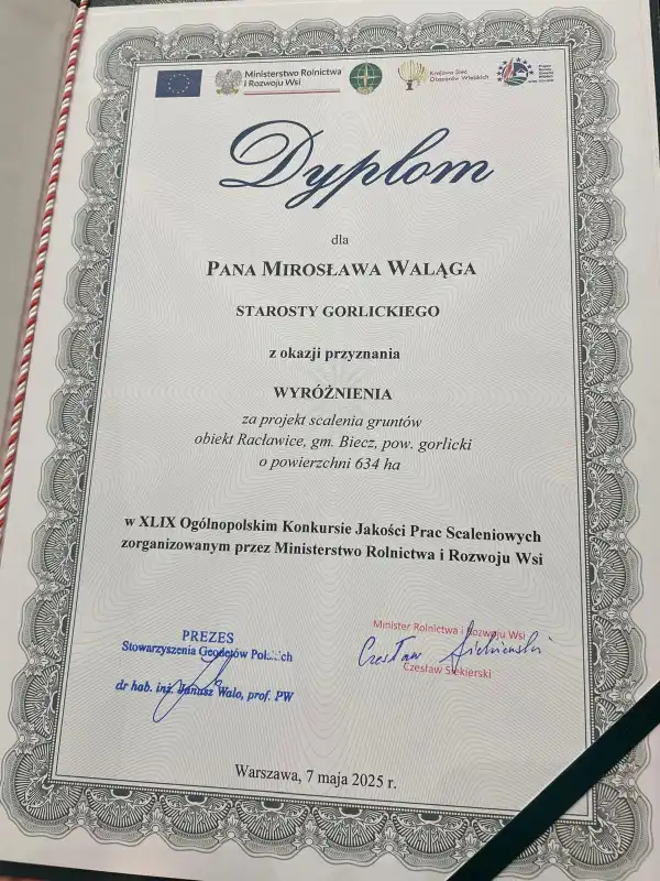 Sukces powiatu gorlickiego. Wyróżnienie za scalanie gruntów w Racławicach