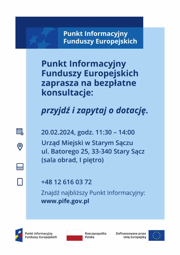 Stary Sącz: Punkt Informacyjny Funduszy Europejskich zaprasza na bezpłatne konsultacje