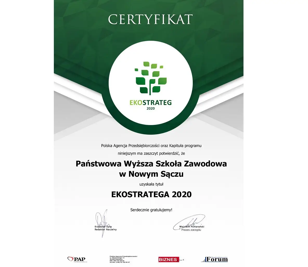 PWSZ została laureatem nagrody Ekostrateg 2020