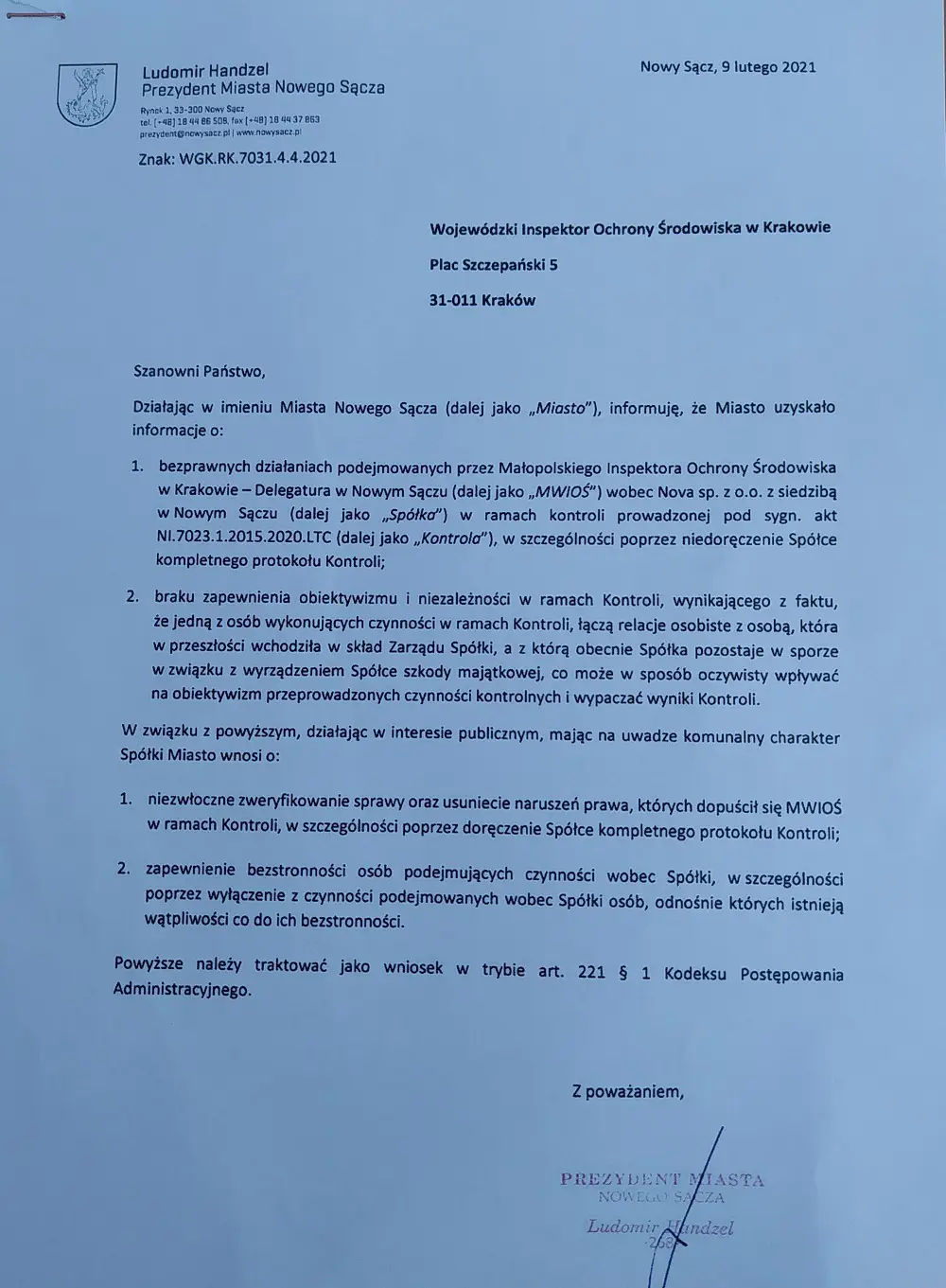 Prezydent Nowego Sącza o sesji Rady Miasta: Zachodzi podejrzenie, że może dojść do złamania przepisów prawa