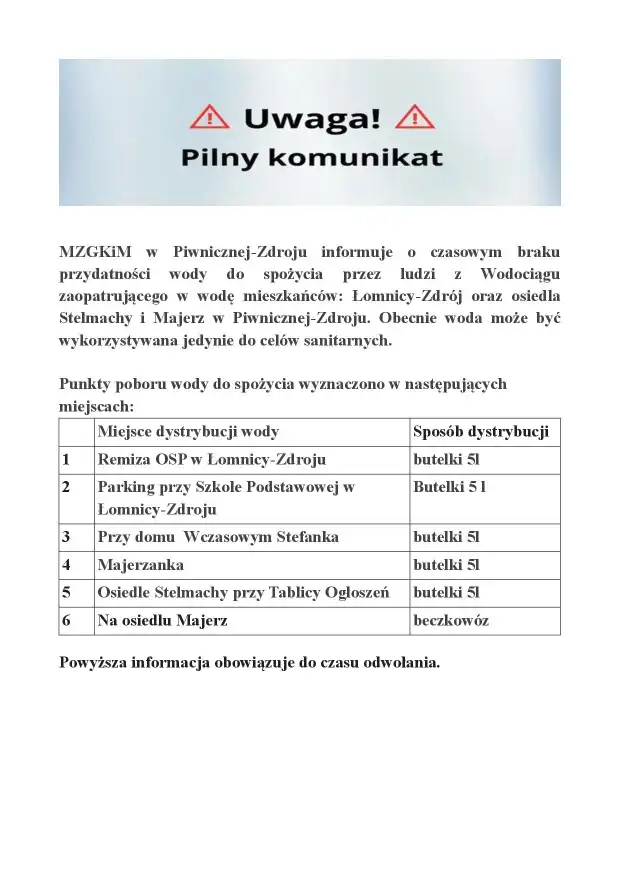 Piwniczna: Woda z wodociągów niezdatna do picia