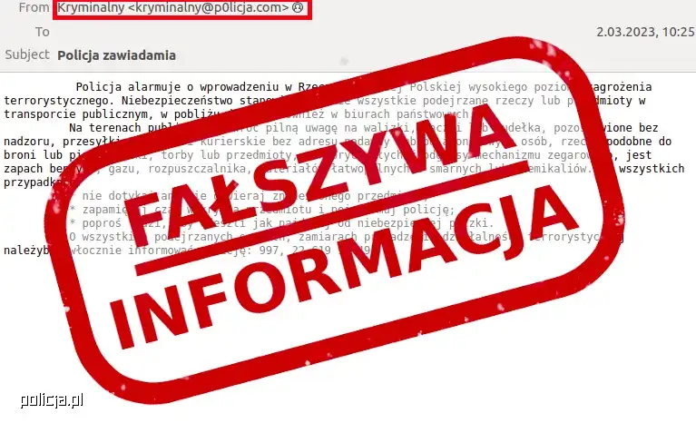 Uwaga na fałszywe wiadomości e-mailowe. Oszuści podszywają się pod Policję