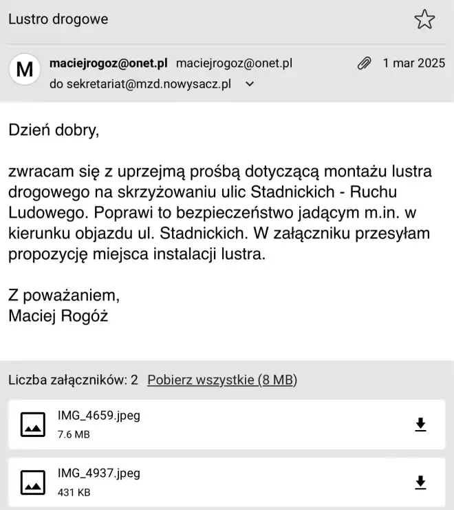Nowy Sącz: Bezpieczniejsze skrzyżowanie. Radny wnioskuje o montaż lustra drogowego