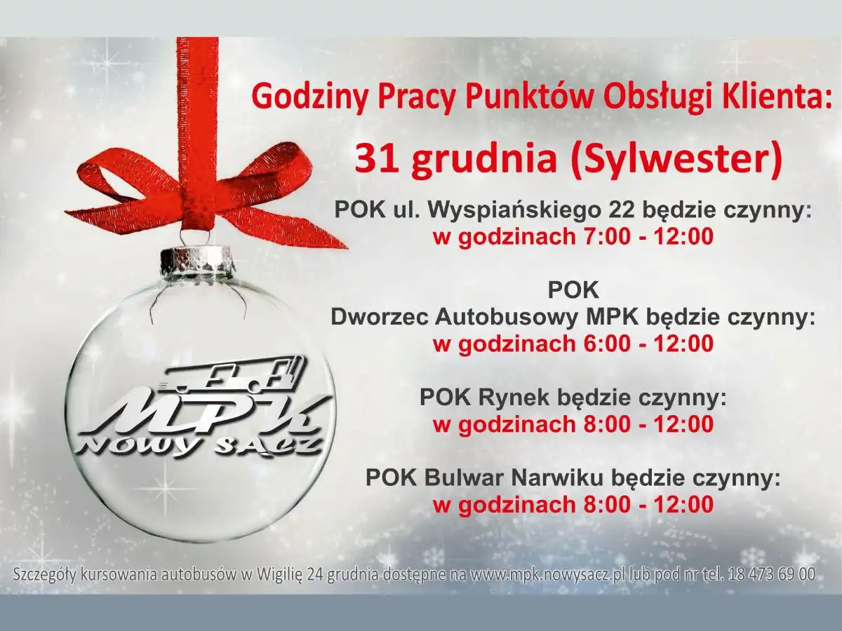 31 grudnia: MPK przypomina o godzinach pracy punktów
