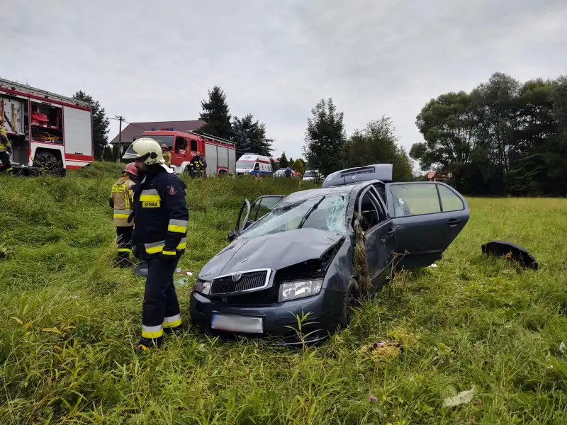 Wypadek w Trzycierzu. Osobówka wypadła z drogi i dachowała. Jedna osoba trafiła do szpitala