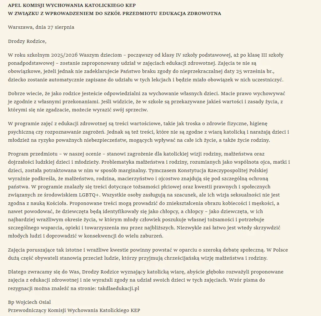 Kontrowersje wokół edukacji zdrowotnej w szkołach. Apel episkopatu do rodziców