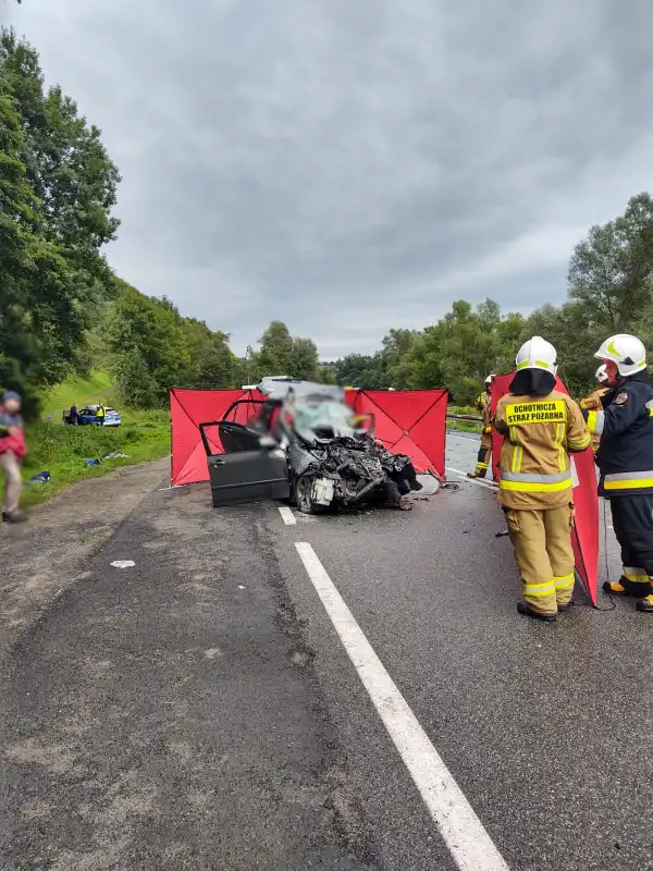 Tragiczny wypadek w Witowicach Górnych w relacji strażaków. W czołowym zderzeniu autobusu i osobówki zginęły dwie osoby