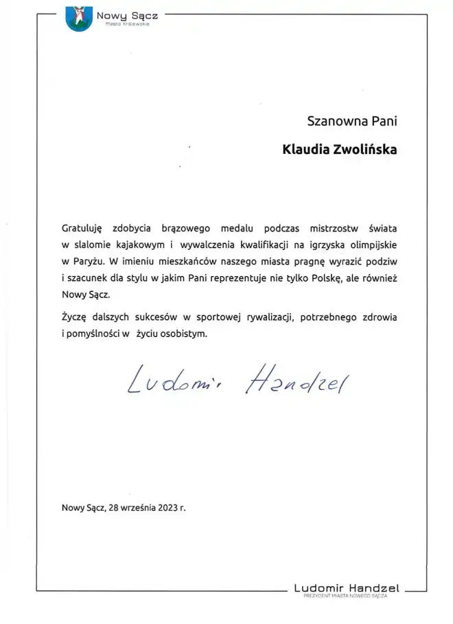 Prezydent spotkał się z sądecką medalistką - kajakarką Klaudią Zwolińską