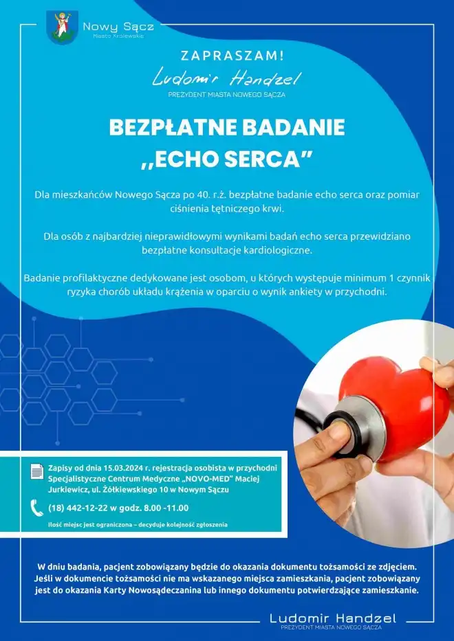 Nowy Sącz: Bezpłatne badanie echa serca. Ilość miejsc ograniczona