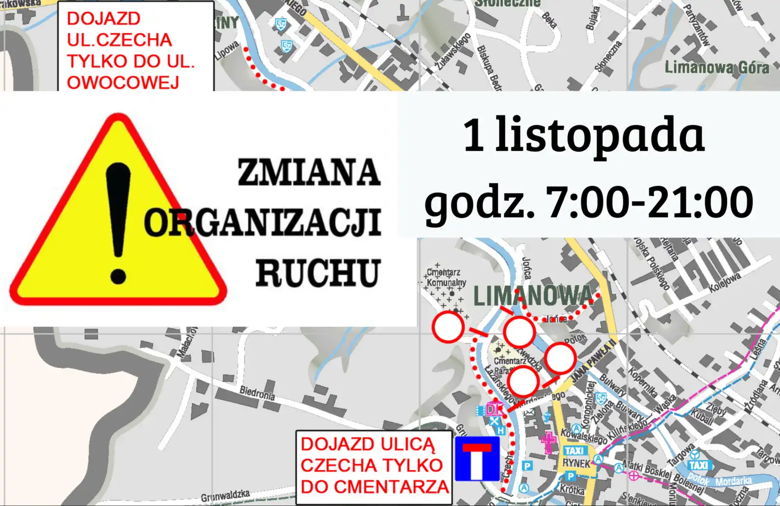 Ograniczenia ruchu na cmentarzach w Limanowej w Dniu Wszystkich Świętych