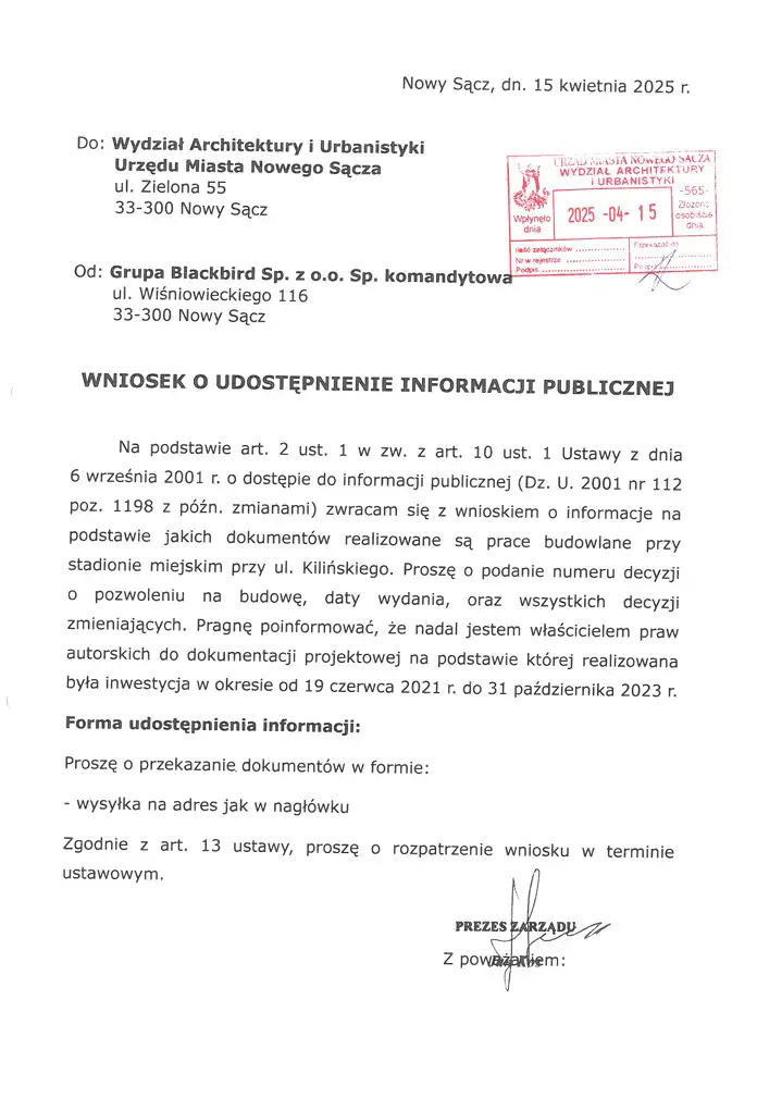 Fiasko mediacji ws. budowy Stadionu Miejskiego w Nowym Sączu: oświadczenie Grupy Blackbird