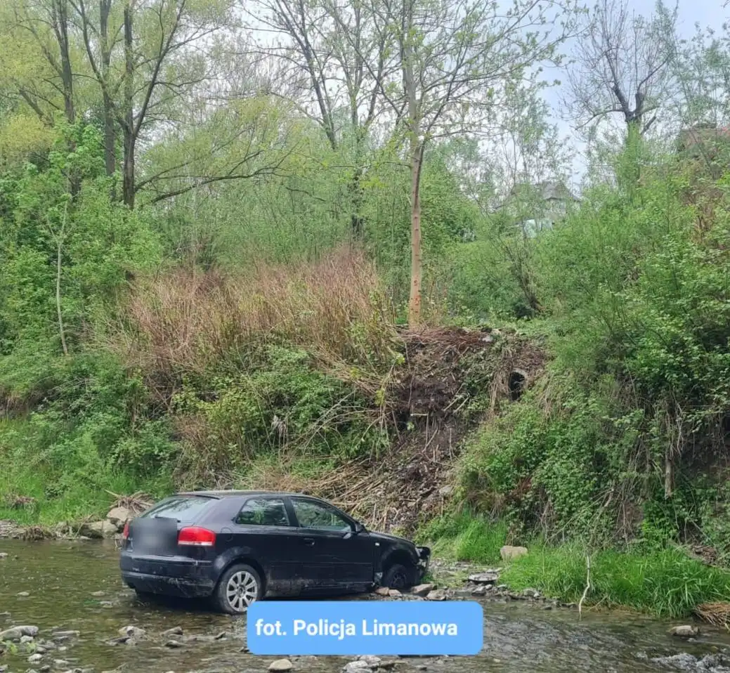 Wypadek w Zamieściu. Audi wpadło do rzeki