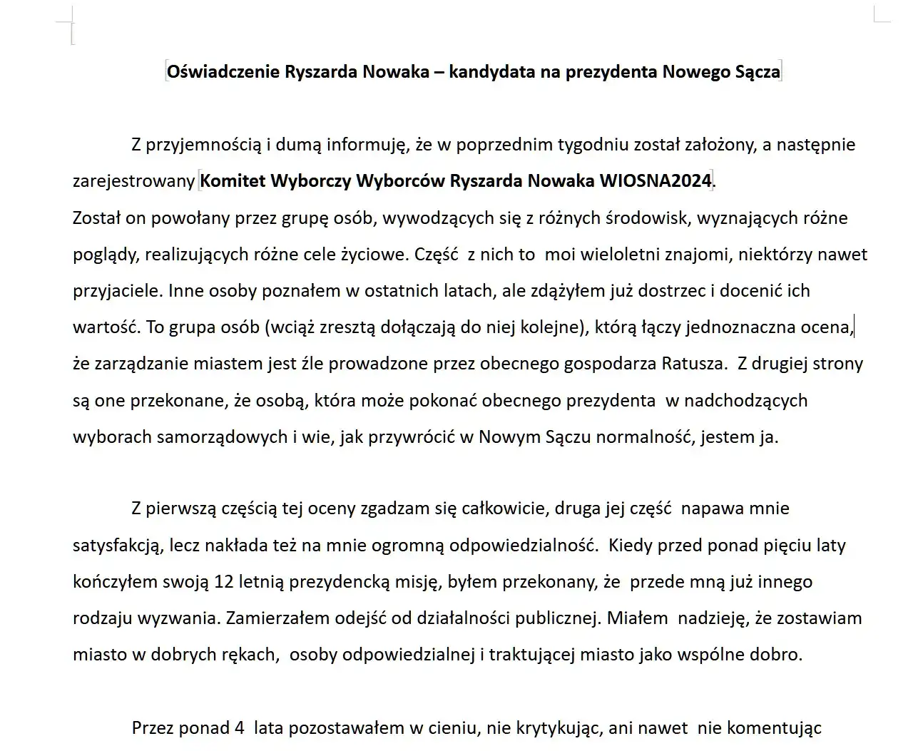 Ryszard Nowak będzie kandydował na prezydenta Nowego Sącza