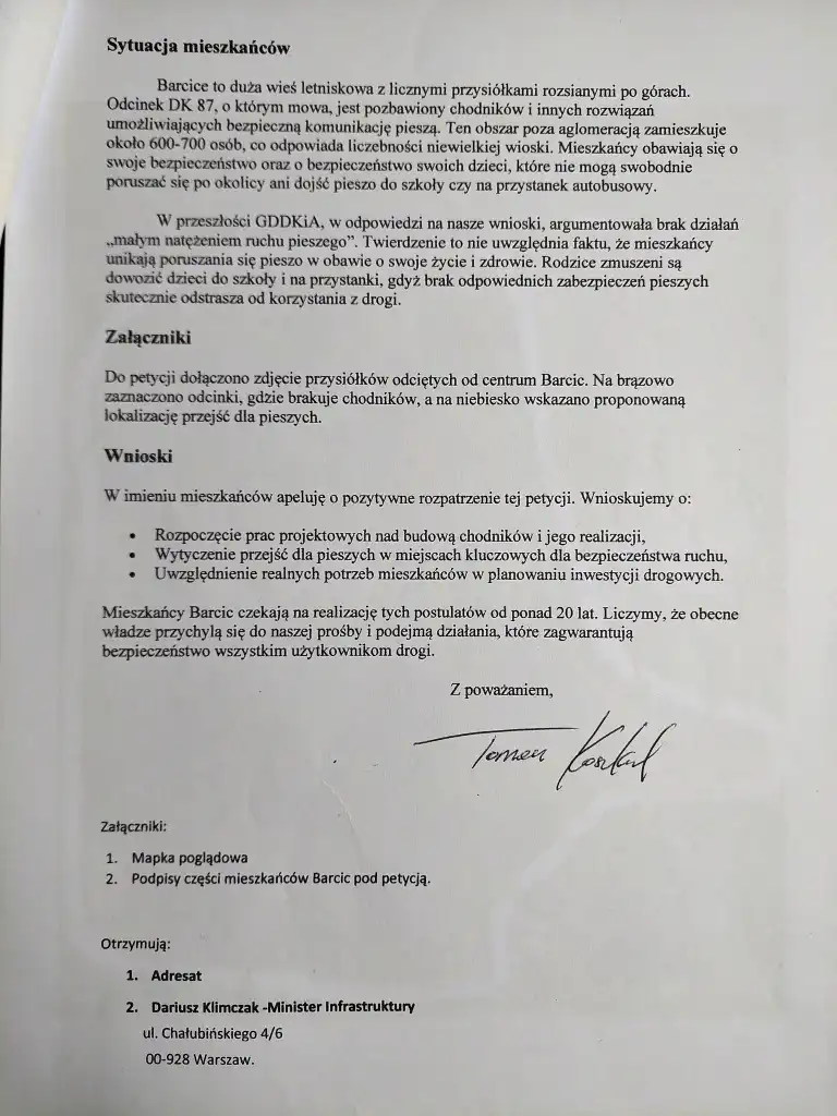 Barcice walczą o bezpieczeństwo pieszych na DK87