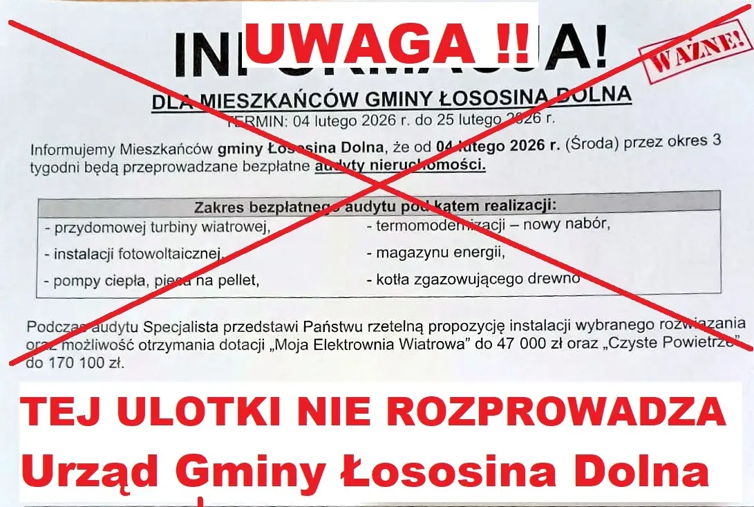 Gmina Łososina Dolna ostrzega: ulotki o „bezpłatnych audytach” nie są oficjalne