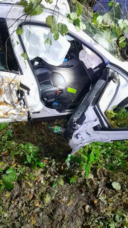 Wypadek w Łazach Biegonickich. Samochód osobowy wypadł z drogi, uderzył w drzewo i wylądował w przydrożnym rowie