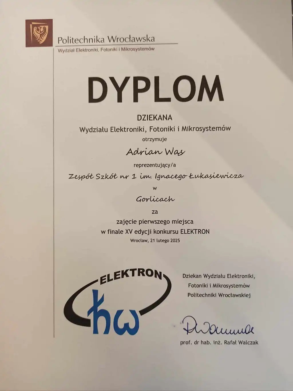 Mistrz elektroniki z Gorlic. Adrian Wąs z I miejscem w konkursie ELEKTRON
