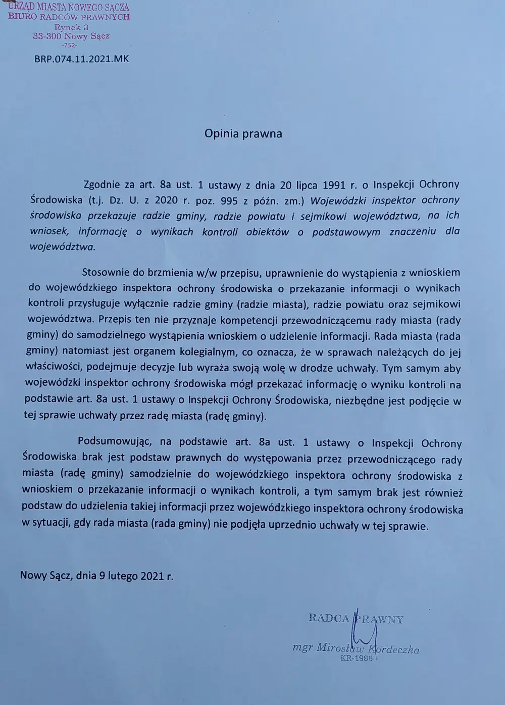 Prezydent Nowego Sącza o sesji Rady Miasta: Zachodzi podejrzenie, że może dojść do złamania przepisów prawa