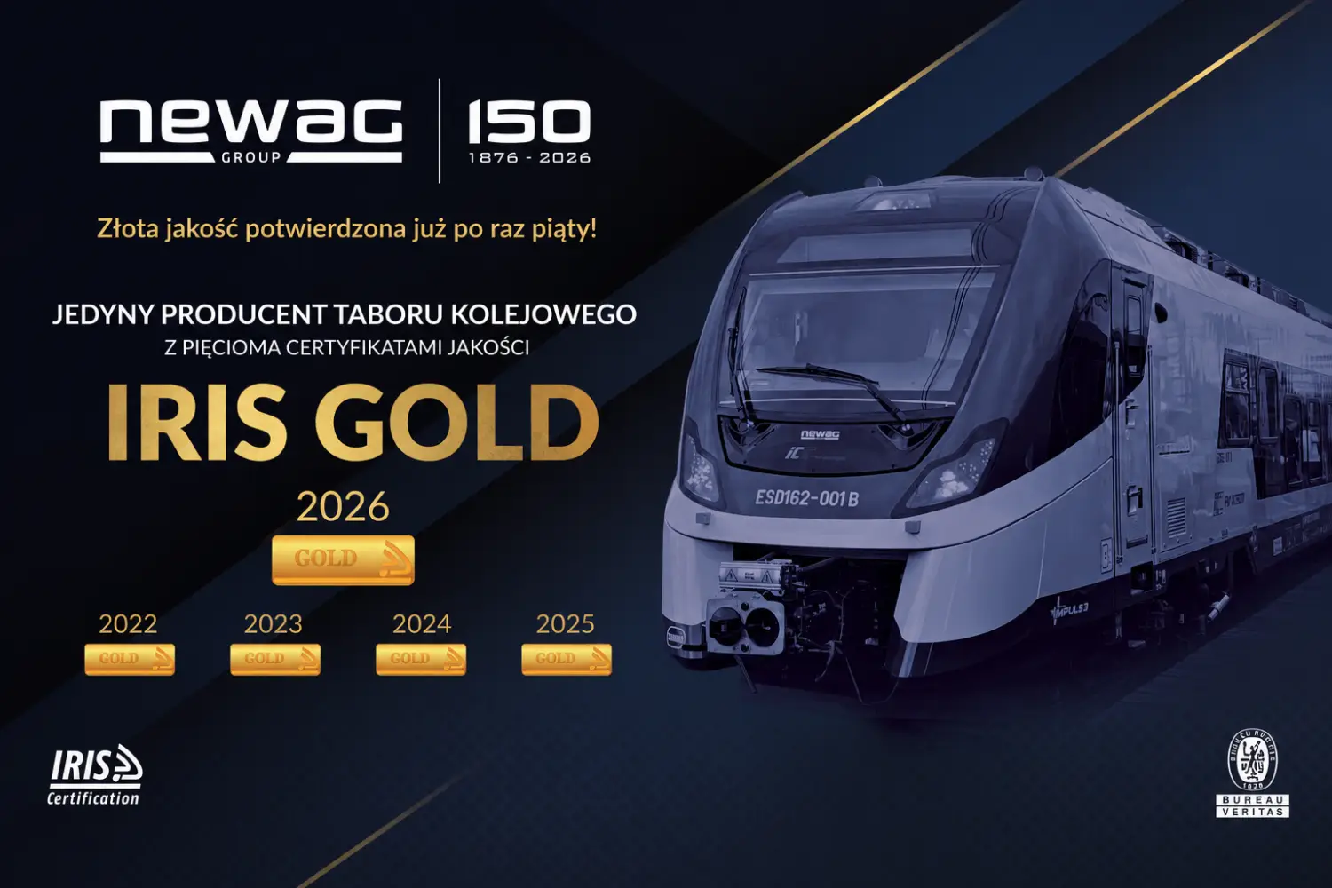 NEWAG z prestiżowym wyróżnieniem. Po raz piąty z rzędu ze złotym certyfikatem IRIS