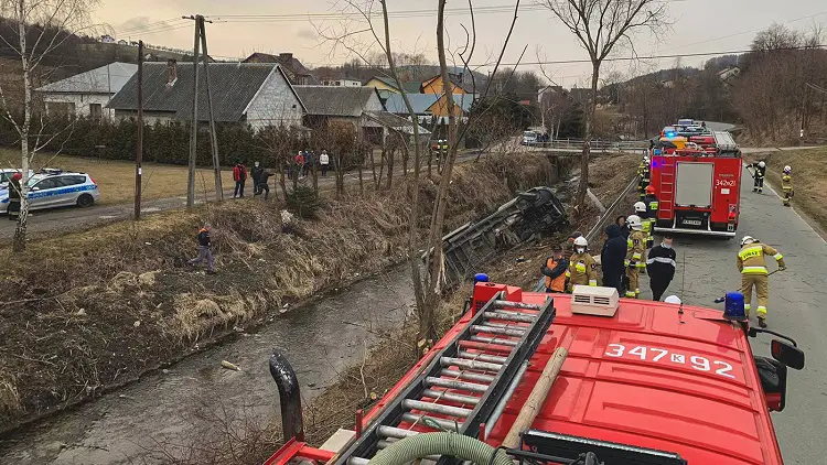 Gostwica: Fiat Ducato wypadł z drogi i uderzył w drzewo. Kobieta z trójką dzieci trafiła do szpitala