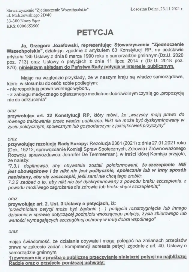 Ruch Narodowy składa kolejne petycje przeciwko segregacji sanitarnej Polaków