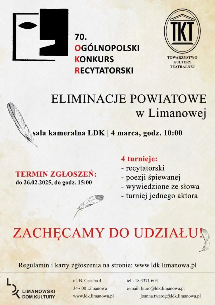 Limanowski Dom Kultury zaprasza na 70. edycję Ogólnopolskiego Konkursu Recytatorskiego