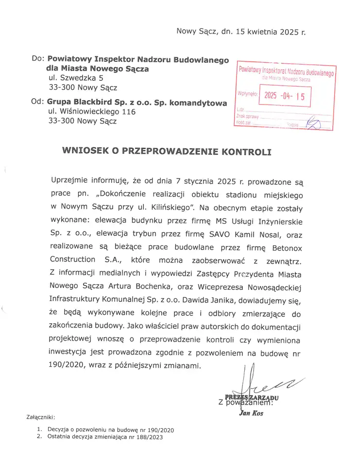 Fiasko mediacji ws. budowy Stadionu Miejskiego w Nowym Sączu: oświadczenie Grupy Blackbird