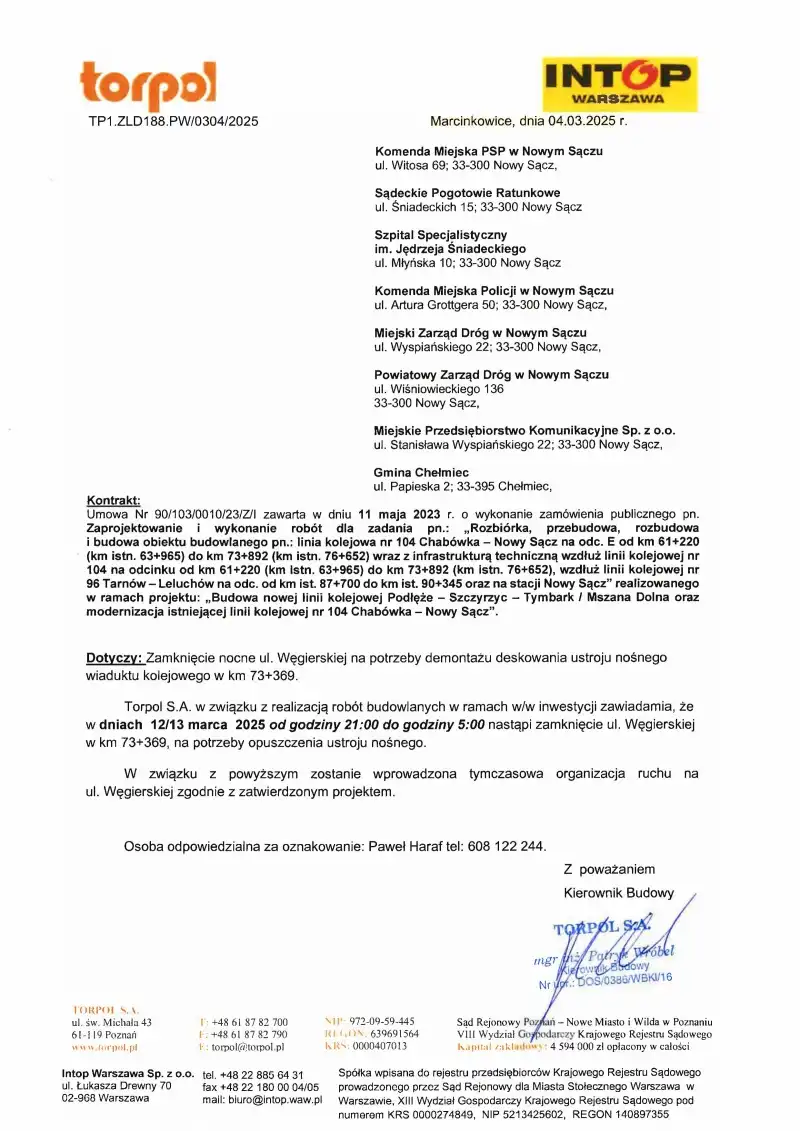 Uwaga! Czasowe zamknięcie ul. Węgierskiej w Nowym Sączu