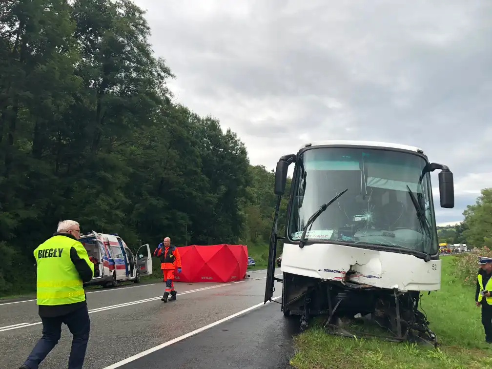 Tragiczny wypadek w Witowicach Górnych w relacji strażaków. W czołowym zderzeniu autobusu i osobówki zginęły dwie osoby