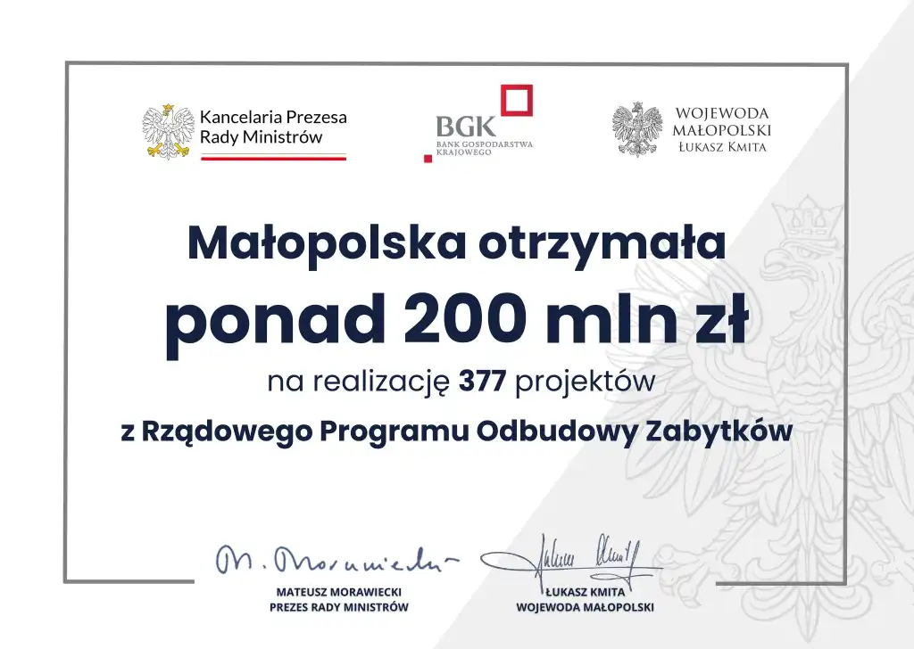 Ponad 200 mln zł dla Małopolski z Rządowego Programu Odbudowy Zabytków