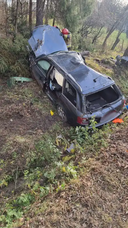 Wypadek w Łazach Biegonickich. Strażacy ewakuowali z pojazdu nieprzytomnego mężczyznę