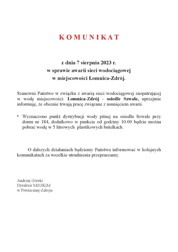 Łomnica-Zdrój: Komunikat w związku z brakiem wody