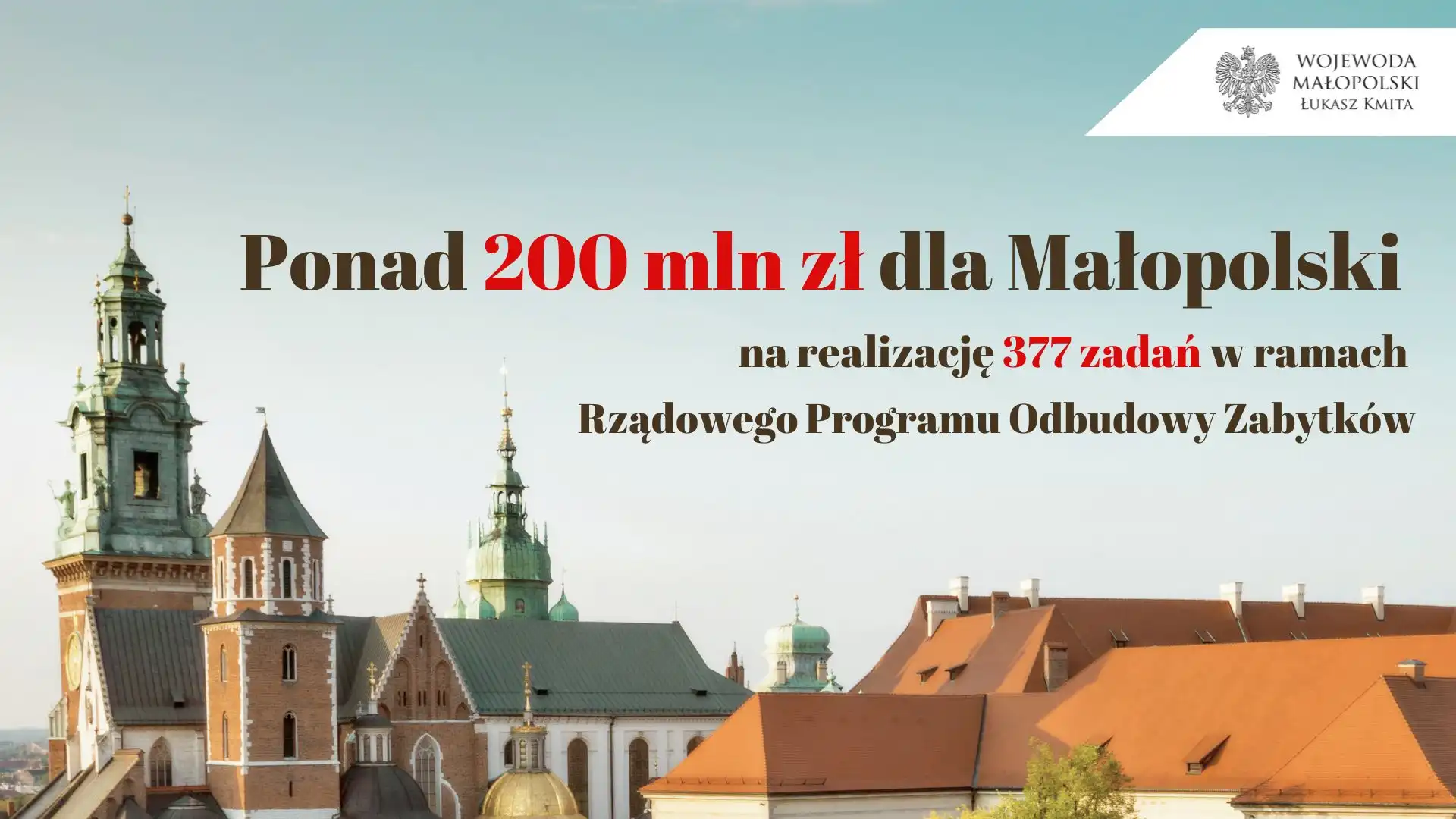 Ponad 200 mln zł dla Małopolski z Rządowego Programu Odbudowy Zabytków