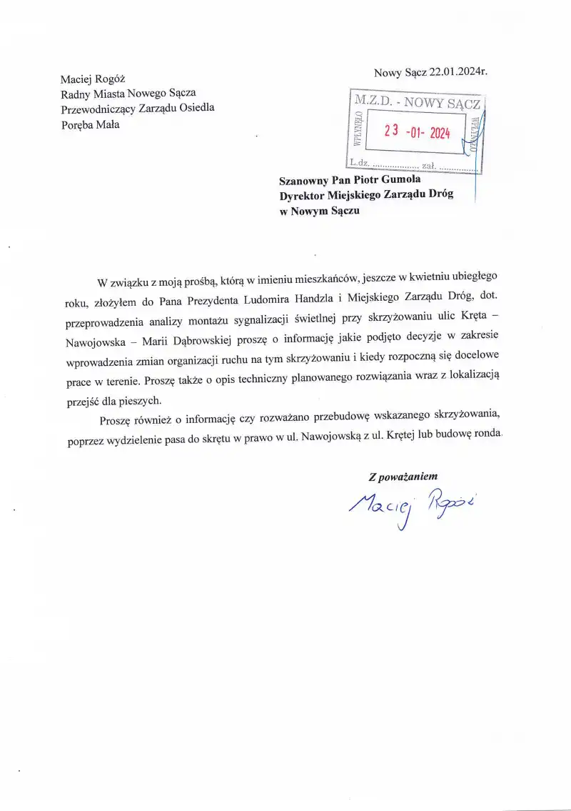 Duże zainteresowanie poprawą bezpieczeństwa na skrzyżowaniu ulic Kręta, Nawojowska i Marii Dąbrowskiej w Zawadzie. Radny Maciej Rogóż przesłał pytania od mieszkańców do MZD