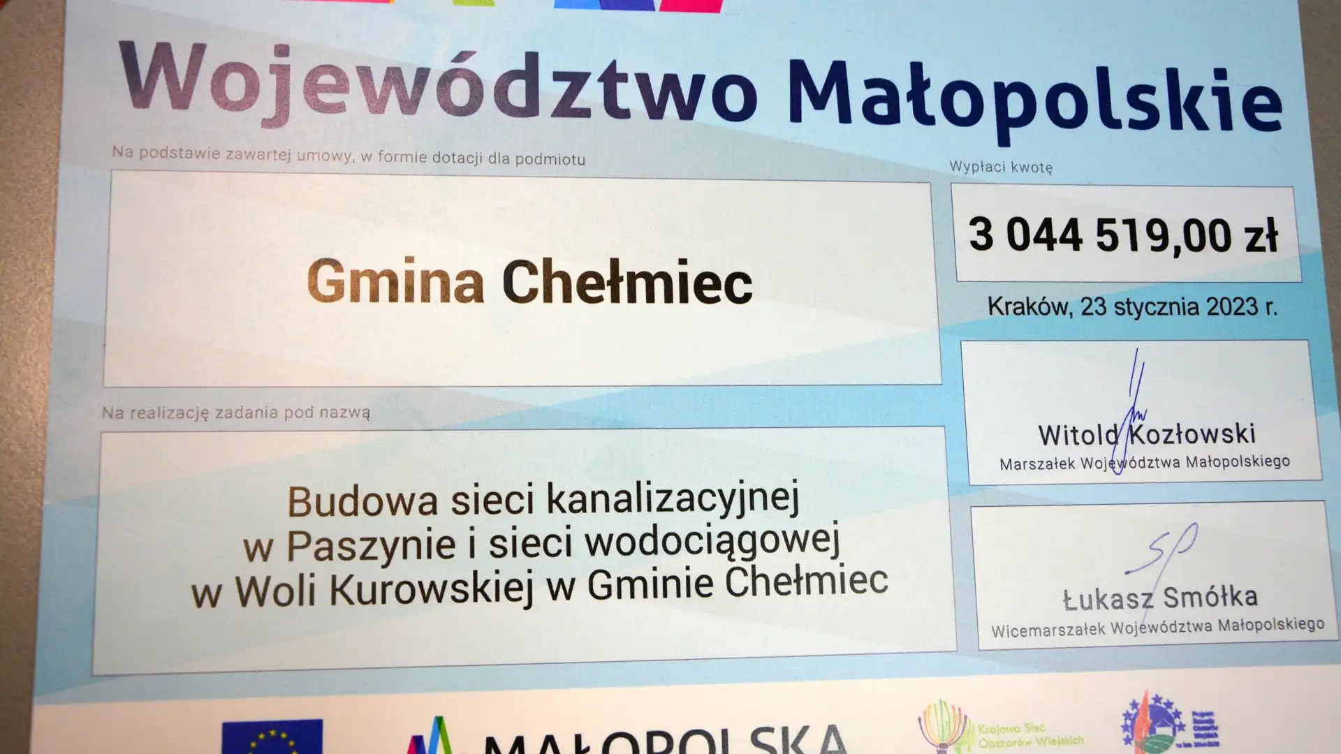 Promesa przekazana. Gmina Chełmiec może rozpoczynać inwestycje za ponad 3 mln zł