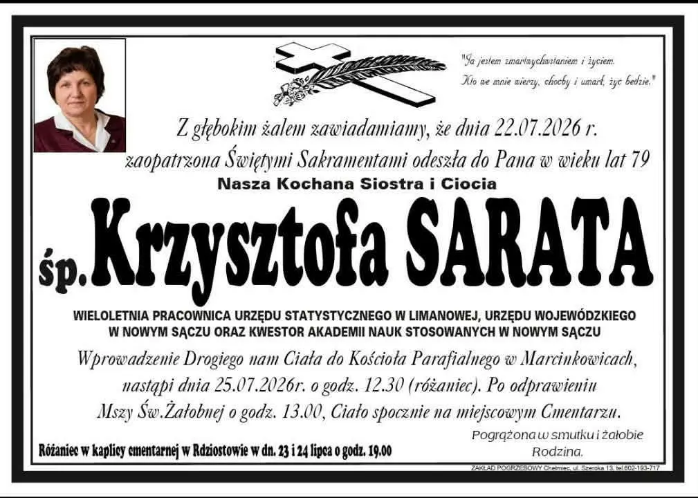 Nie żyje Krzysztofa Sarata. Zawodowo związana z Limanową, Nowym Sączem i sądecką uczelnią