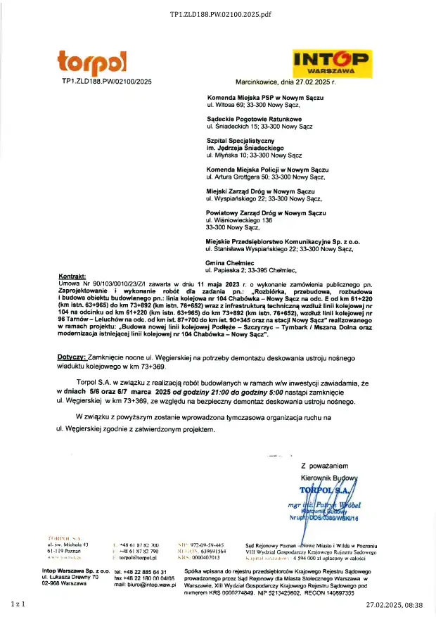 Uwaga kierowcy! Nocne zamknięcie ul. Węgierskiej w Nowym Sączu