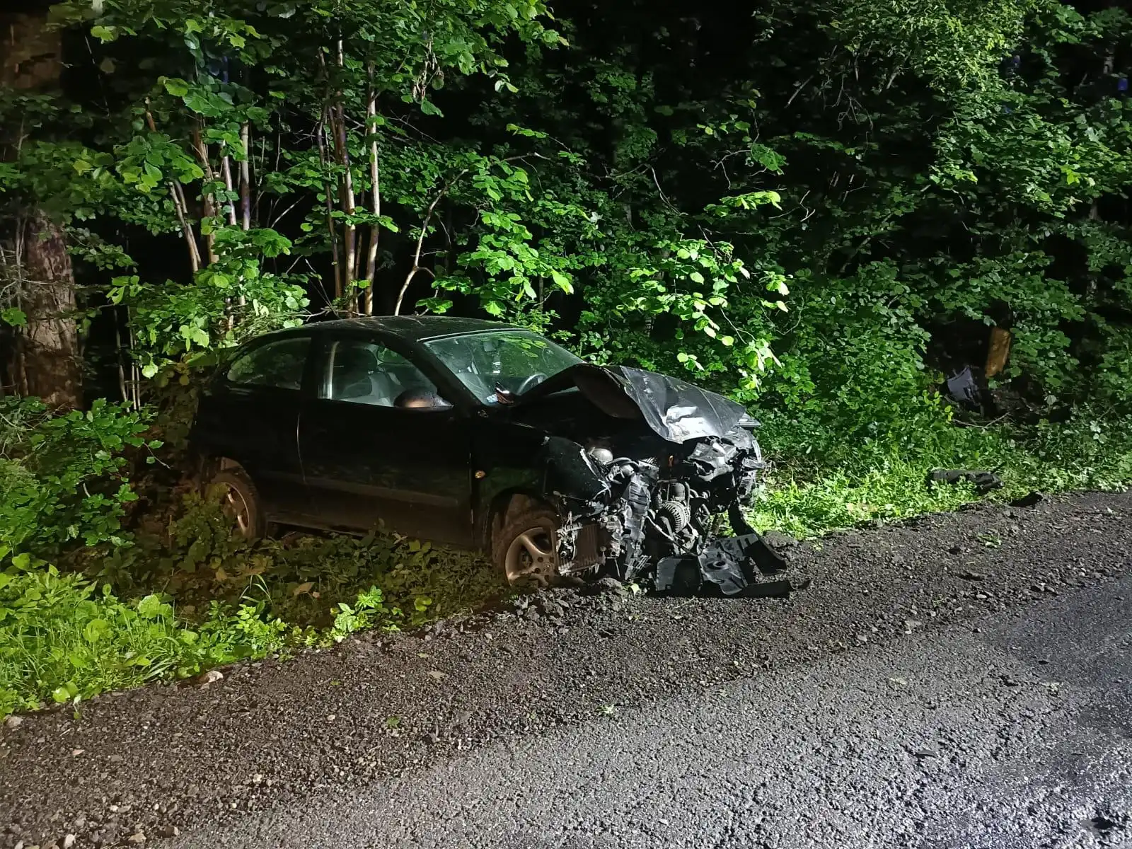 Kotów: Osobowy Seat Ibiza uderzył w drzewo i "wylądował" w przydrożnym rowie