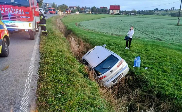 W Siedlcach osobówka wypadła z jezdni. Jedna osoba została zakleszczona w pojeździe