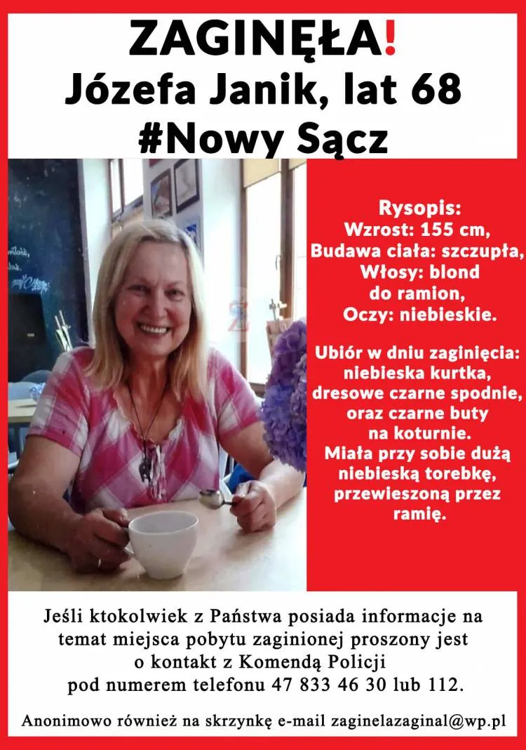 Trwają poszukiwania Józefy Janik. Dzisiaj o godzinie 12 rodzina wznawia akcję poszukiwawczą. Jeśli możesz przyjdź i pomóż
