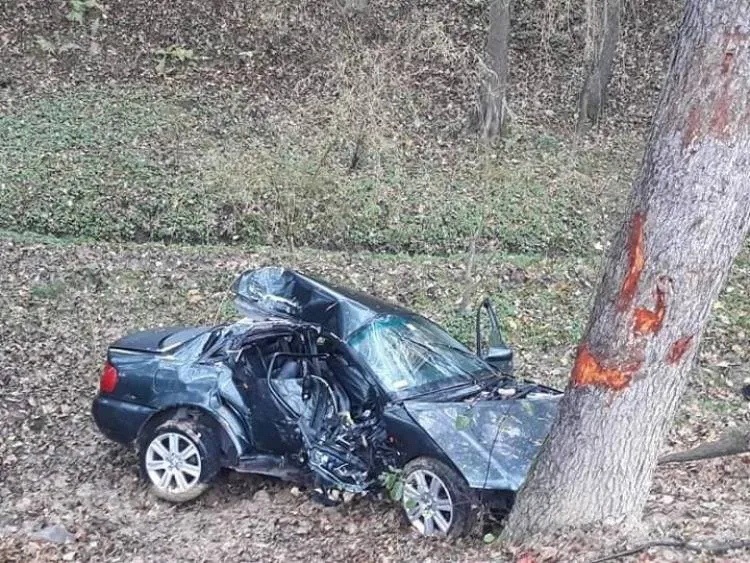 Wypadek drogowy w Libuszy: Osobówka wypadł z drogi i uderzyła w drzewo