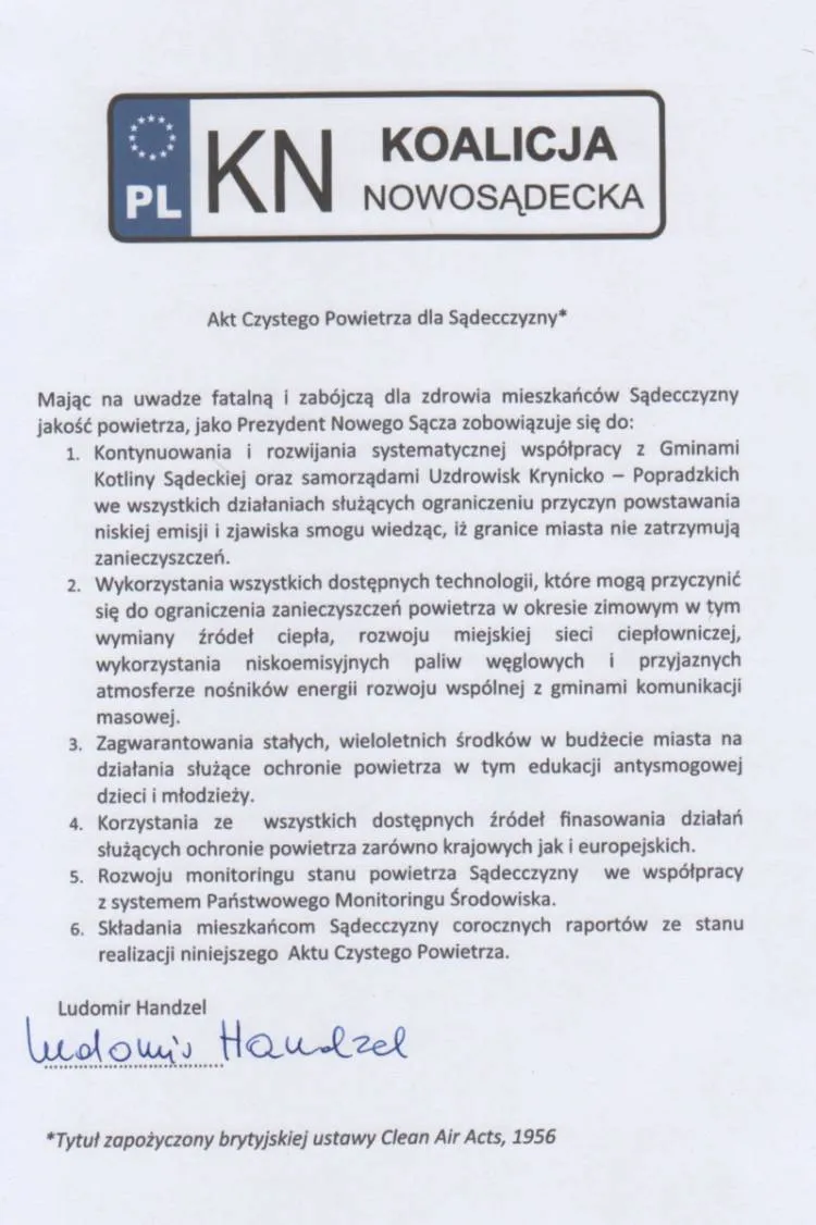Radny Maciej Rogóż złożył do prezydenta interpelację w sprawie realizacji przez włodarza miasta "Aktu Czystego Powietrza dla Sądecczyzny"