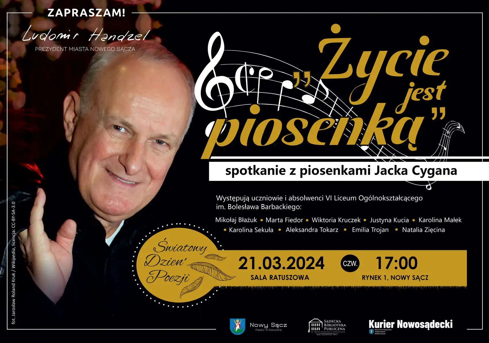 21 marca wieczór z piosenkami Jacka Cygana w nowosądeckim ratuszu