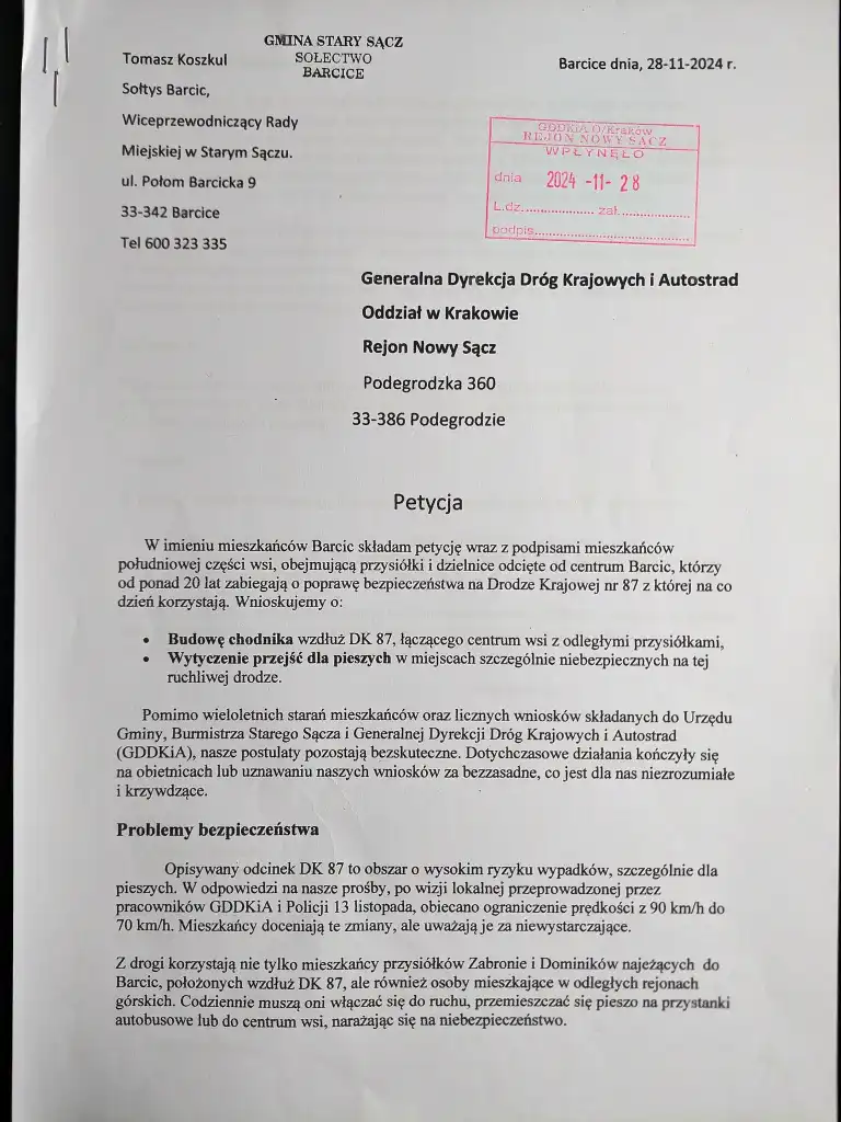 Barcice walczą o bezpieczeństwo pieszych na DK87