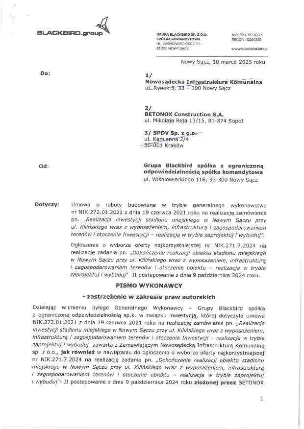 Fiasko mediacji ws. budowy Stadionu Miejskiego w Nowym Sączu: oświadczenie Grupy Blackbird