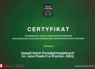 W ZSP w Krynicy-Zdroju realizowany jest projekt pn. "Lekcje z Temidą"